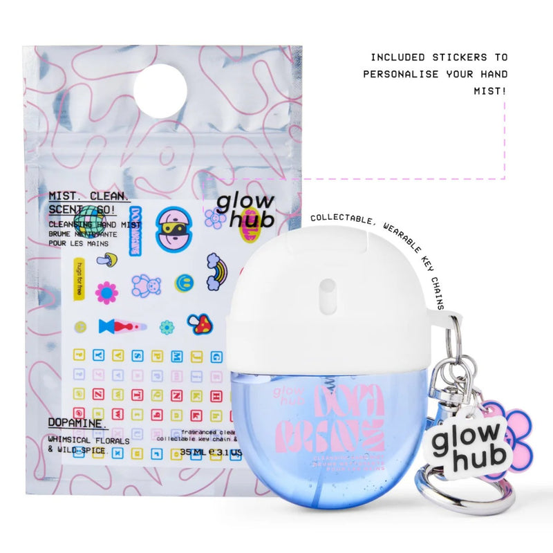 Glow Hub Cleansing Mist Dopamine, een hand sanitizer mist met een bloemige en kruidige geur.