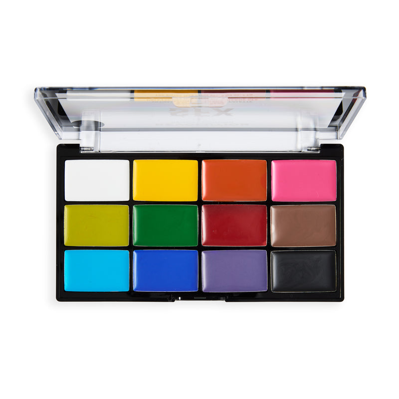 Geöffnete SFX Face Paint Palette mit 12 Cremefarben von Weiß und Gelb bis Blau, Lila und Schwarz
