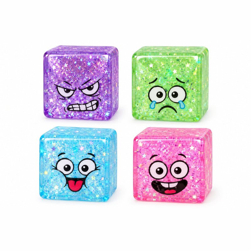 Squishy Mystery Sugar Glitter Cube Smiley Squishy, kubusvormige stressbal met glitter en smiley