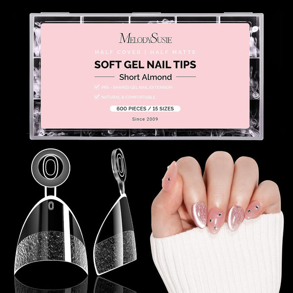 Heldere half matte half cover nageltips in short almond, 600 stuks in 15 maten