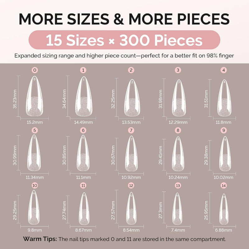 Full Cover Soft Gel Nail Tips Long Almond Stiletto 300pcs