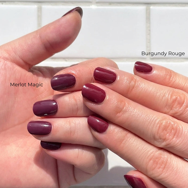 Nailo gellak stickers Burgundy Rouge naast Merlot Magic, warme bordeaux