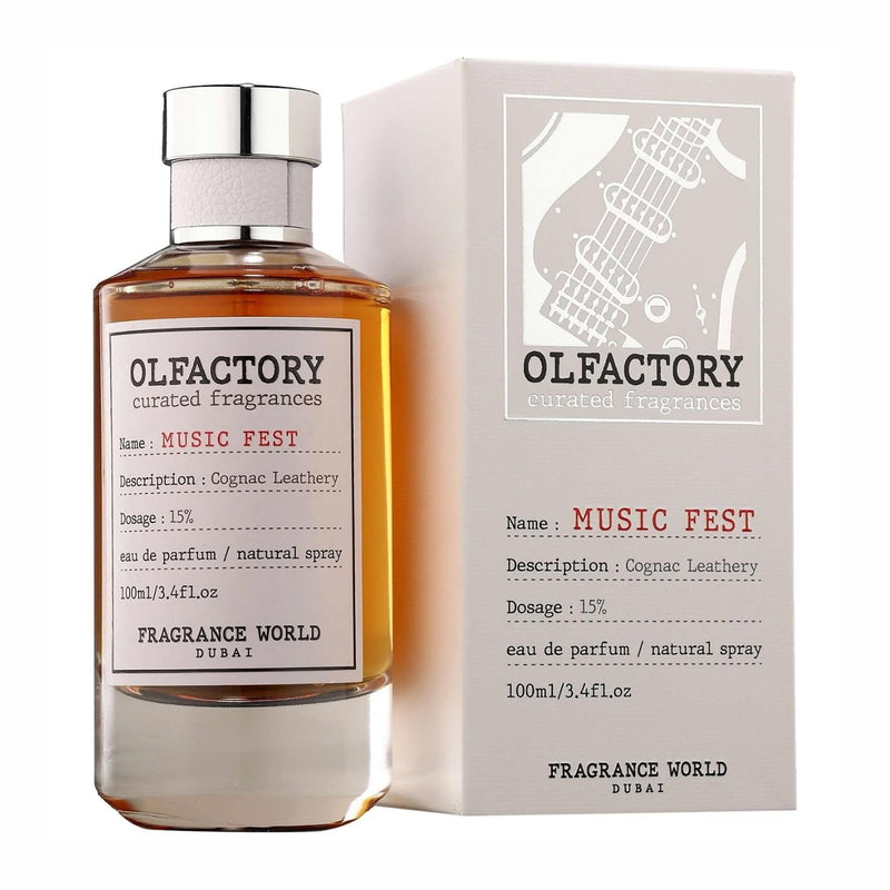 Fragrance World Olfactory Music Fest Eau de Parfum, een flesje met een warme en rokerige geur.