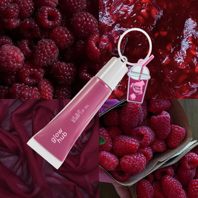 Glow Hub Lip Slip Glossy Lip Oil Raspberry, voedende lipolie met glanzende finish.