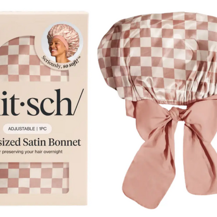 Kitsch Adjustable Oversized Satin Bonnet Terracotta Checker