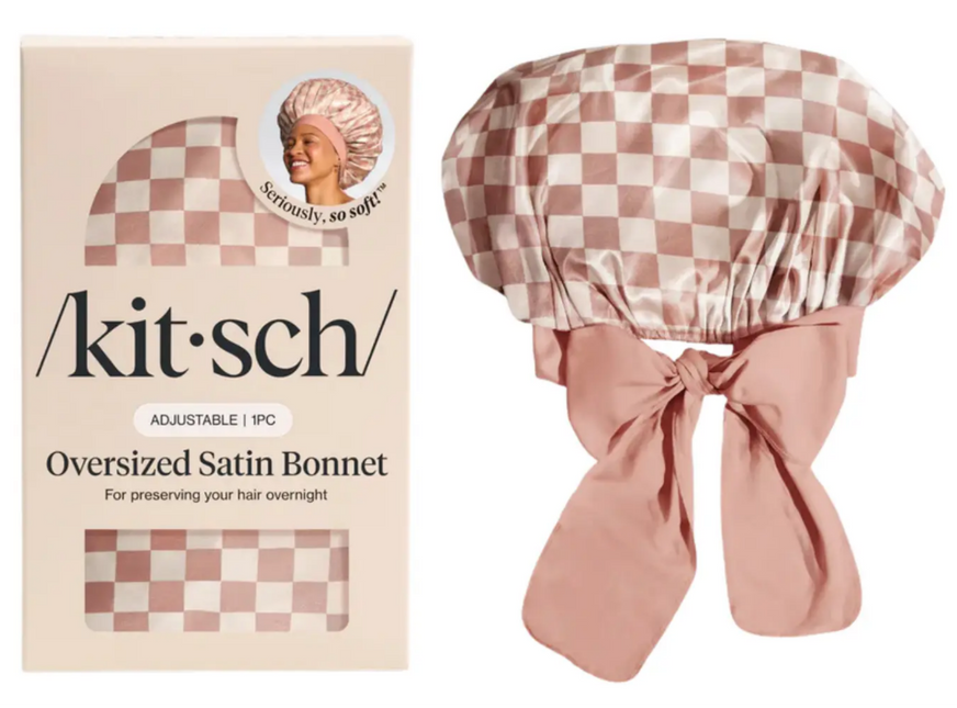 Kitsch Adjustable Oversized Satin Bonnet Terracotta Checker