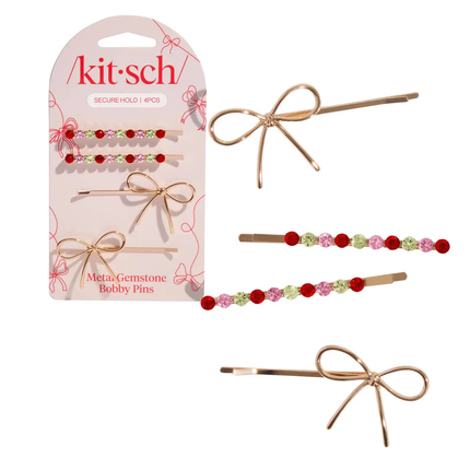 Kitsch Holiday Metal Gemstone & Bow Bobby Pins