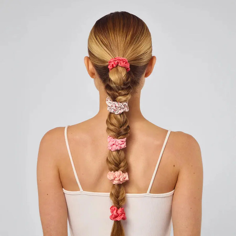 Kitsch Ruched Satin Scrunchies 5pc Set Assorted Cherry Blossom