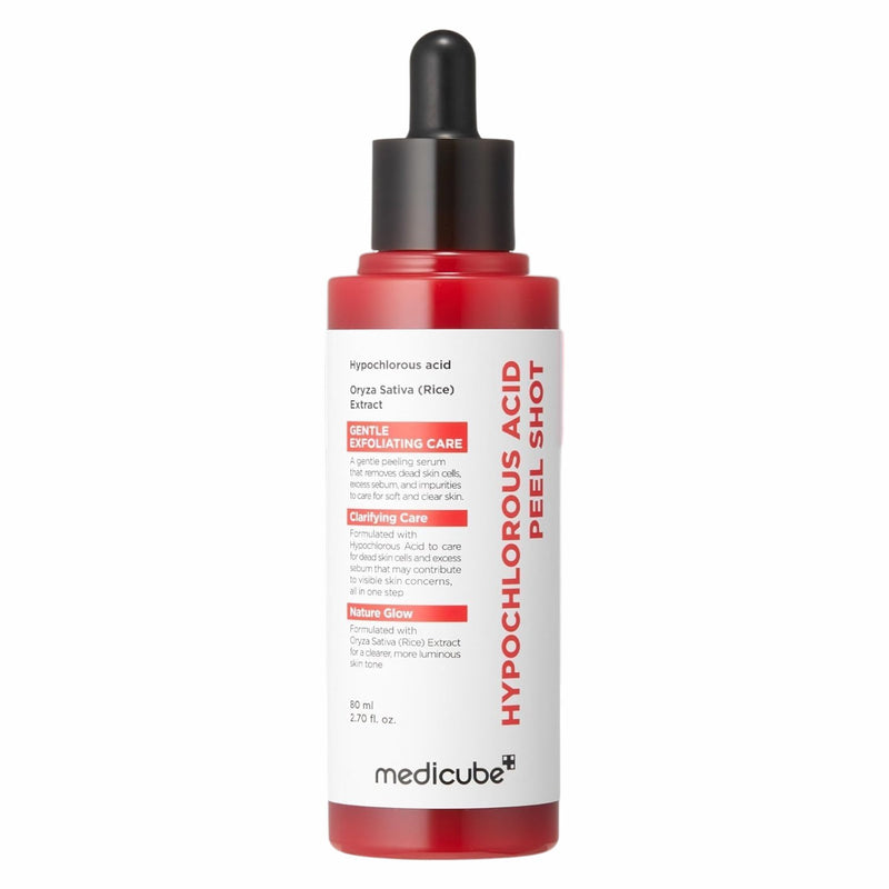 Medicube Hypochlorous ACID PEEL Shot, een zuiverend en kalmerend exfoliant serum voor het gezicht.