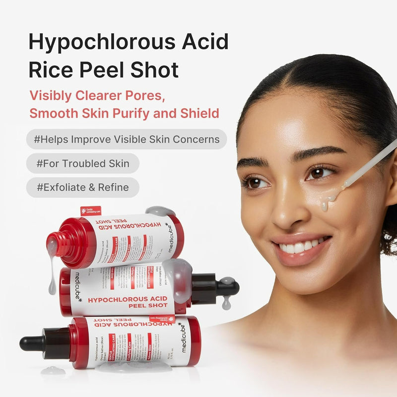 Medicube Hypochlorous ACID PEEL Shot, een zuiverend en kalmerend exfoliant serum voor het gezicht.