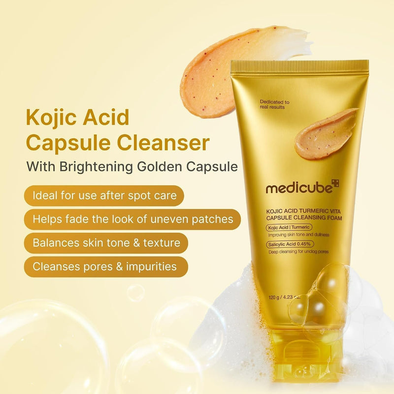 Medicube Kojic Acid Turmeric Vita Capsule Cleansing Foam, verhelderende gezichtsreiniger met kojiczuur en kurkuma