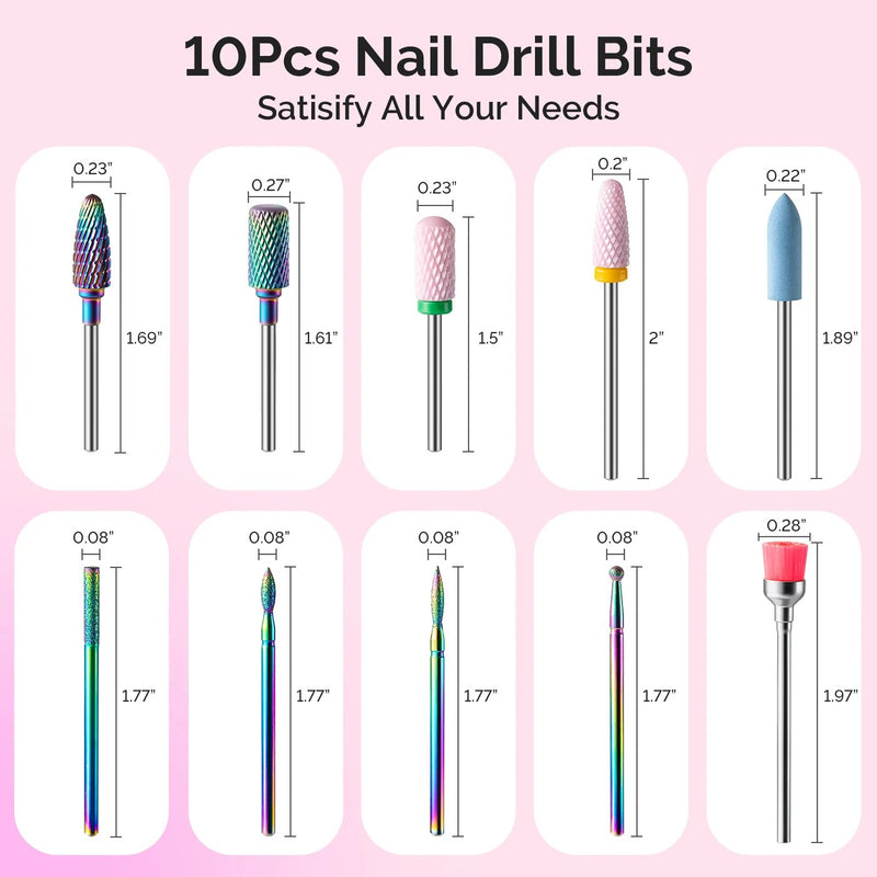 MelodySusie Tungsten Carbide & Ceramic 10pcs Nail Drill Bits Set Pink & Colorful