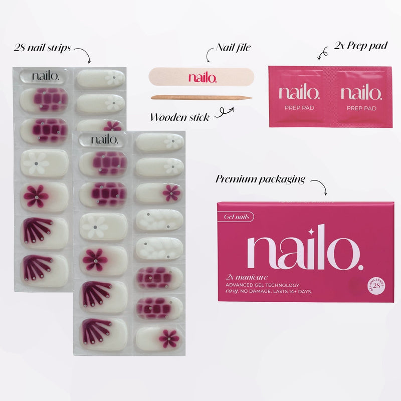 Nailo gellak stickers Berry Bloom, nude met diepe bessentinten