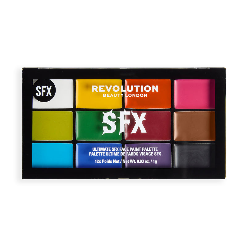 Revolution SFX Face Paint Palette geschlossen, schwarze Palette mit 12 Farbfeldern auf dem Deckel