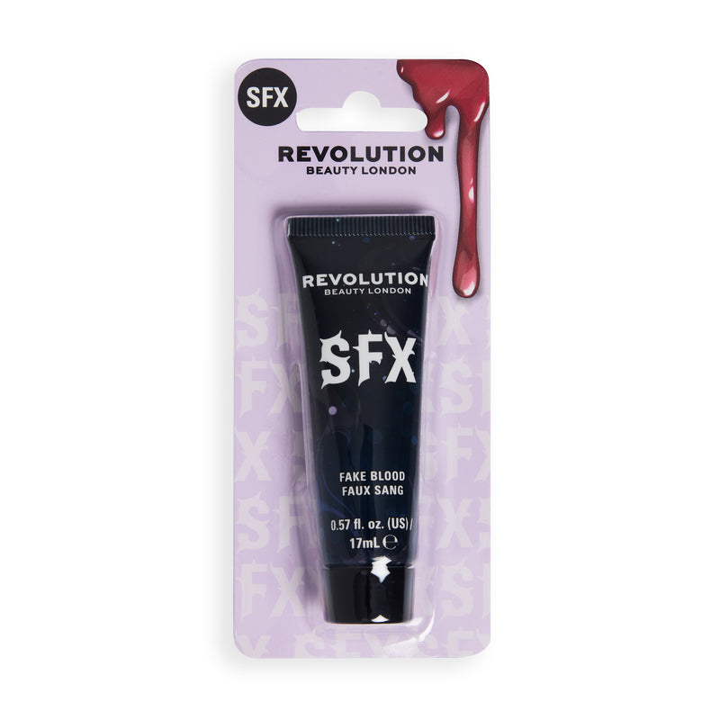 Revolution SFX Fake Blood in Blisterverpackung, schwarze Tube auf lila Karte mit Blutstropfen