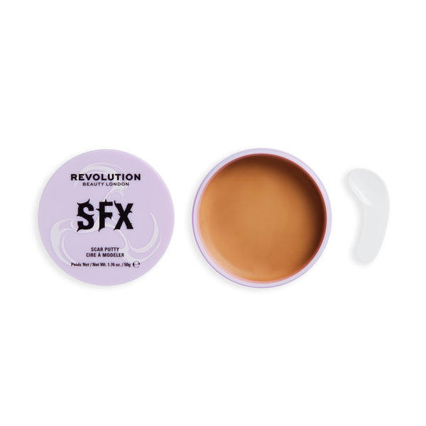 Geöffneter Tiegel SFX Scar Putty mit hautfarbenem Wachs und dem Deckel daneben