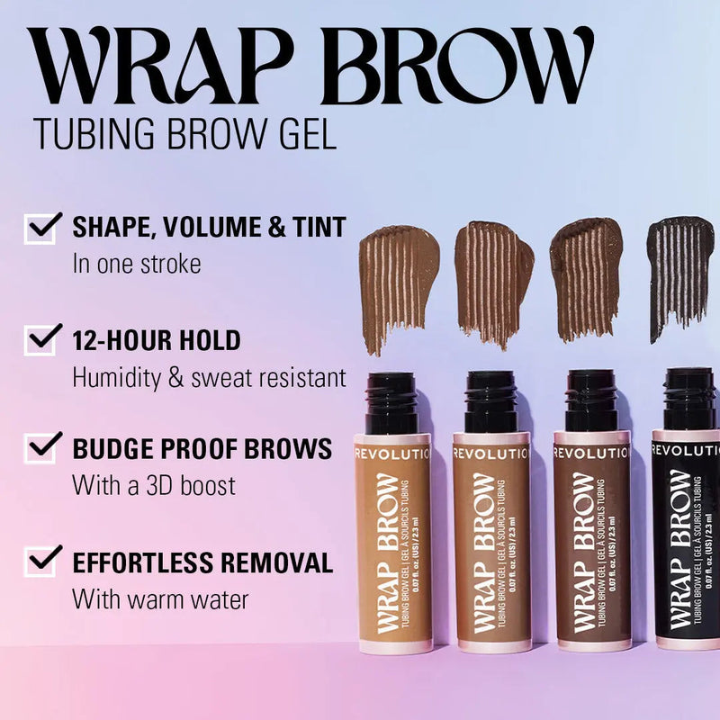 Revolution Wrap Brow Dark Brown, tubing wenkbrauwgel voor vorm, fixatie en kleur.