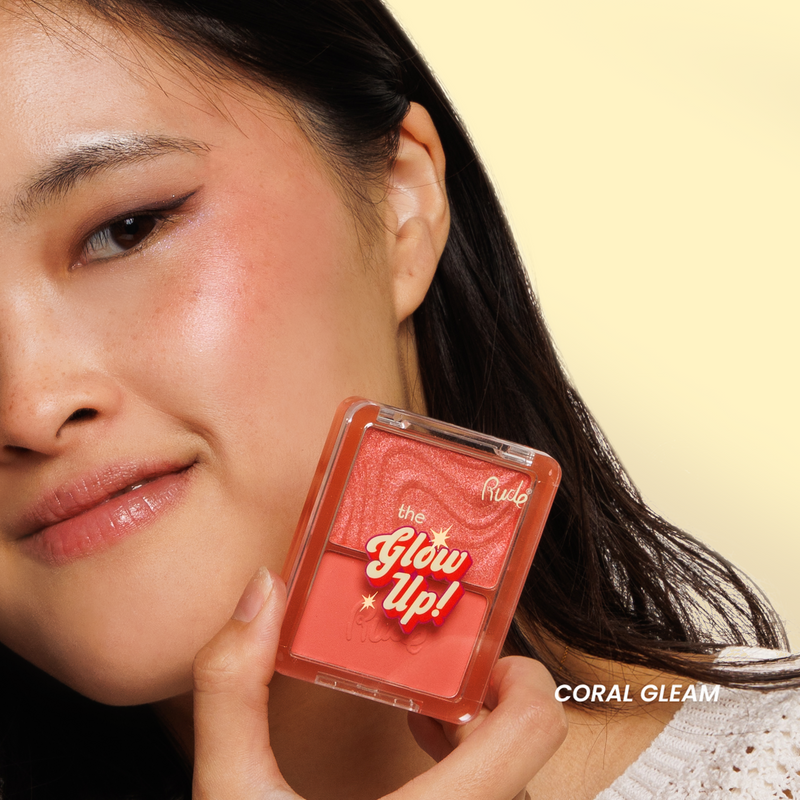 Rude Cosmetics The Glow Up! Matte & Shimmer Blush Duo Coral Gleam, 2-in-1 blush met matte en shimmer finish, foto 7 van 9